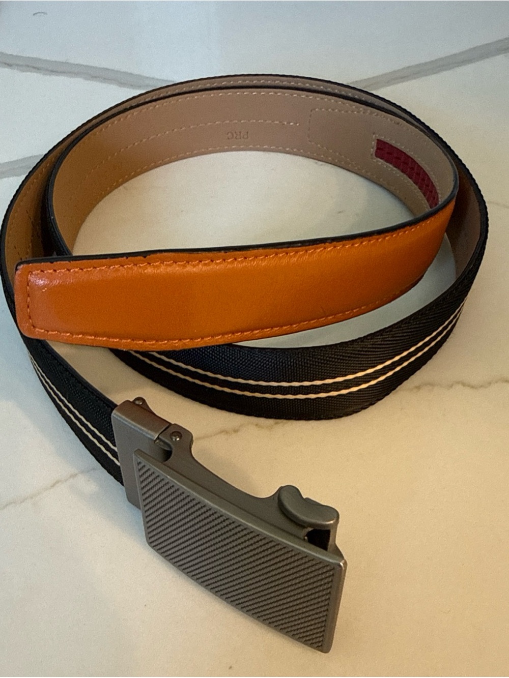 Nexbelt Golf Black & Tan Adjustable Ratchet Belt Gunmetal Texture Buckle